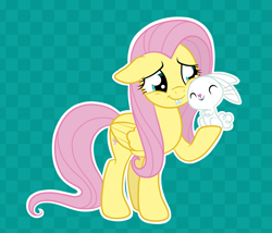 Size: 1983x1700 | Tagged: safe, artist:squipycheetah, imported from derpibooru, angel bunny, fluttershy, pegasus, pony, rabbit, animal, checkered background, cute, duo, eyes closed, fangs, female, folded wings, happy, nuzzling, raised hoof, smiling, wings