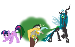 Size: 800x500 | Tagged: safe, imported from derpibooru, discord, queen chrysalis, twilight sparkle, pony, unicorn, abuse, butt, discordabuse, fart, fart fetish, fetish, op is a duck, plot, simple background, unicorn twilight, wat, white background