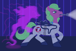 Size: 1797x1206 | Tagged: safe, artist:assertiveshypony, imported from derpibooru, plasmane, earth pony, ghost, ghost pony, pony, undead, corridor, dark, determined, digital art, female, flashlight (object), ghostbusters, night, proton pack, simple background