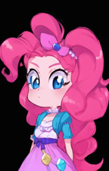 Size: 448x704 | Tagged: safe, editor:luckreza8, imported from derpibooru, pinkie pie, human, equestria girls, :i, ai content, ai generated, anime, black background, female, generator:pinegraph, simple background, solo