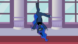 Size: 1920x1080 | Tagged: safe, artist:platinumdrop, imported from derpibooru, princess luna, alicorn, pony, annoyed, canterlot castle, female, hanging, hanging upside down, luna is not amused, mare, request, royalty, solo, unamused, upside down