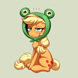 Size: 4000x4000 | Tagged: safe, artist:confetticakez, imported from derpibooru, applejack, earth pony, frog, pony, applejack is not amused, blushing, chest fluff, cute, embarrassed, female, freckles, green background, hat, jackabetes, mare, silly, silly pony, simple background, sitting, solo, unamused, who's a silly pony