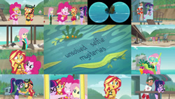 Size: 1280x721 | Tagged: safe, editor:quoterific, imported from derpibooru, fluttershy, pinkie pie, sci-twi, sunset shimmer, timber spruce, twilight sparkle, human, equestria girls, equestria girls series, unsolved selfie mysteries, beach, bikini, binoculars, clothes, fluttershy's wetsuit, jumping, one-piece swimsuit, selfie, shocked, snorkel, swimsuit, wetsuit