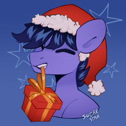 Size: 2570x2570 | Tagged: safe, artist:sugarstar, imported from derpibooru, oc, oc:dinka mish, earth pony, pony, christmas, eyes closed, hat, holiday, present, santa hat, simple background, solo, stars