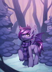 Size: 2021x2756 | Tagged: safe, artist:sugarstar, imported from derpibooru, oc, oc only, oc:dark cherry, bat pony, pony, bat pony oc, clothes, ear piercing, earring, jewelry, open mouth, piercing, raised hoof, scarf, scenery, snow, snowfall, solo, striped scarf, tree