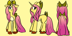 Size: 4000x2000 | Tagged: safe, artist:acria, imported from derpibooru, fluttershy, pony, unicorn, comic:friendship reimagined, female, mare, race swap, simple background, solo, unicorn fluttershy, yellow background