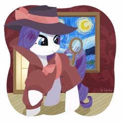 Size: 2048x2048 | Tagged: safe, artist:tabithaqu, imported from derpibooru, rarity, pony, unicorn, clothes, detective rarity, hat, jacket, magic, magnifying glass, solo, the starry night, vincent van gogh