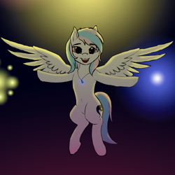 Size: 3747x3748 | Tagged: safe, artist:mia mesa, imported from derpibooru, oc, oc only, oc:starburn, pegasus, pony, backlighting, belly, belly button, colored, female, fireworks, flying, jewelry, lighting, looking at you, necklace, pegasus oc, solo, spread wings, wings