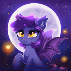 Size: 4000x4000 | Tagged: safe, artist:confetticakez, imported from derpibooru, oc, oc only, oc:midnight shriek, bat pony, firefly (insect), insect, pony, female, mare, moon, night, night sky, sky, solo