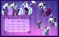 Size: 4397x2807 | Tagged: safe, artist:spookyle, imported from derpibooru, oc, oc:moonlit mist, bat, bat pony, pony, baby, baby pony, bat pony oc, bat wings, bow, choker, clothes, colored wings, dress, ear tufts, female, filly, flower, flower in hair, foal, folded wings, freckles, grand galloping gala, hair bow, mare, reference sheet, shoes, solo, spread wings, striped background, tail, tail bow, wings