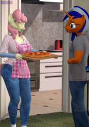 Size: 2160x3088 | Tagged: safe, artist:antonsfms, imported from derpibooru, oc, oc only, oc:sous zanna, oc:tabletop, anthro, earth pony, unicorn, 3d, anthro oc, apron, clothes, commission, commissioner:nerothewizard, cooking, denim, door, earth pony oc, eyes closed, food, happy, horn, jeans, kitchen, pants, pizza, smiling, source filmmaker, toaster, unicorn oc