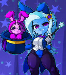 Size: 1350x1543 | Tagged: safe, artist:kyouman1010, imported from derpibooru, starlight glimmer, trixie, human, pony, unicorn, equestria girls, bunny out of the hat, bunny suit, clothes, costume, cute, duo, female, grin, magic trick, magician outfit, smiling, smirk, sweat, sweatdrop