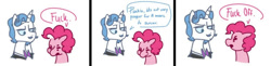 Size: 1127x277 | Tagged: safe, artist:dsstoner, imported from derpibooru, fancypants, pinkie pie, earth pony, pony, unicorn, comic:pinkiepants!, dialogue, speech bubble, vulgar