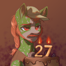 Size: 594x594 | Tagged: safe, artist:helemaranth, imported from derpibooru, oc, oc:well geboren, dog, dog pony, earth pony, original species, pony, bewildered, birthday, brow raised, cake, clothes, cookie, facial hair, food, hair tie, hat, oreo, solo, vest