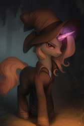 Size: 1024x1536 | Tagged: safe, editor:craft, imported from derpibooru, trixie, pony, unicorn, ai content, ai generated, clothes, costume, dark background, generator:purplesmart.ai, generator:stable diffusion, glowing, glowing horn, hat, horn, looking at you, solo