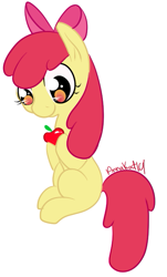 Size: 411x680 | Tagged: safe, artist:annakat101, imported from derpibooru, apple bloom, earth pony, pony, apple, apple bloom's bow, bow, female, filly, foal, food, hair bow, simple background, smiling, solo, white background