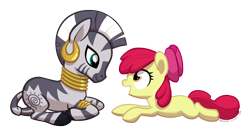 Size: 800x436 | Tagged: safe, artist:deerspit, imported from derpibooru, apple bloom, zecora, earth pony, pony, zebra, apple bloom's bow, bow, duo, female, filly, foal, hair bow, looking at each other, looking at someone, lying down, mare, prone, simple background, sploot, transparent background