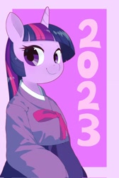 Size: 1376x2048 | Tagged: safe, artist:cheesesauce_45, imported from derpibooru, twilight sparkle, semi-anthro, unicorn, 2023, clothes, cute, female, school uniform, simple background, skirt, smiling, solo, twiabetes