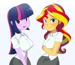 Size: 2253x1945 | Tagged: safe, artist:cheesesauce_45, imported from derpibooru, sunset shimmer, twilight sparkle, human, equestria girls, arm under breasts, blushing, breasts, busty sunset shimmer, busty twilight sparkle, clothes, duo, duo female, female, school uniform, simple background, smiling, white background