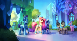 Size: 2000x1070 | Tagged: safe, artist:asimos, imported from derpibooru, king sombra, princess amore, crystal pony, pony, unicorn, the crystal empire, armor, blue eyes, crown, crystal guard, crystal guard armor, digital art, female, green eyes, helmet, horn, jewelry, looking at each other, looking at someone, mare, open mouth, orange eyes, peytral, raised hoof, regalia, smiling, spear, tree, weapon, window