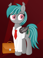 Size: 2830x3858 | Tagged: safe, artist:rainbowšpekgs, imported from derpibooru, oc, oc only, oc:malachite cluster, bat pony, pony, bat pony oc, bat wings, briefcase, chest fluff, clothes, male, necktie, shirt, solo, stallion, standing, wings