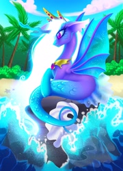 Size: 1913x2664 | Tagged: safe, artist:blueblizzzard, imported from derpibooru, oc, oc only, alicorn, hybrid, merpony, seapony (g4), starfish, beach, cloud, crown, digital art, eyelashes, female, fin wings, fins, fish tail, flowing mane, horn, jewelry, mare, mermaid tail, necklace, ocean, palm tree, purple eyes, regalia, rock, scales, seaponified, sitting, sky, smiling, solo, species swap, tail, tree, water, white mane, wings