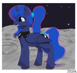 Size: 1800x1700 | Tagged: safe, artist:terminalhash, imported from derpibooru, princess luna, alicorn, pony, border, digital art, female, hairband, mare, moon, smiling, solo, space, tail, tail band, tail wrap