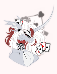 Size: 1000x1300 | Tagged: safe, artist:inspiredpixels, imported from derpibooru, oc, oc:poker heart, pony, unicorn, bust, card, curved horn, female, horn, mare, portrait, solo