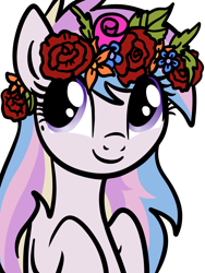 Size: 1768x2357 | Tagged: safe, artist:lannielona, imported from derpibooru, oc, oc only, oc:orient duetta wonder, pony, cute, daaaaaaaaaaaw, female, floral head wreath, flower, flower in hair, mane down, mare, mole, ocbetes, simple background, smiling, solo, transparent background