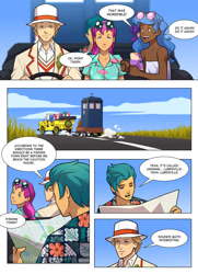 Size: 1445x2000 | Tagged: safe, artist:justdreamer22, imported from derpibooru, hitch trailblazer, izzy moonbow, pipp petals, sunny starscout, zipp storm, human, comic:attack of the cyberman, car, comic, crossover, dark skin, doctor who, driving, fifth doctor, g5, humanized, map, peter davison, tardis