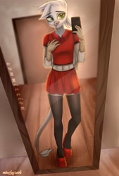 Size: 2322x3435 | Tagged: safe, artist:02vxmp, artist:minchyseok, imported from derpibooru, oc, oc only, oc:blake, anthro, griffon, cellphone, clothes, crossdressing, high heels, male, mirror, mirror selfie, phone, selfie, shoes, skirt, solo