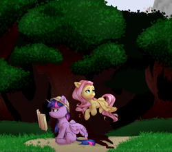Size: 3000x2648 | Tagged: safe, artist:strmelon, imported from derpibooru, fluttershy, twilight sparkle, alicorn, pegasus, pony, duo, female, forest, hat, high res, map, mare, pith helmet, twilight sparkle (alicorn)