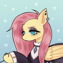 Size: 1800x1800 | Tagged: safe, artist:yippypaws, imported from derpibooru, fluttershy, pegasus, pony, clothes, dress, ear piercing, earring, eyeshadow, female, fluttergoth, gradient background, heart, jewelry, makeup, mare, piercing, solo