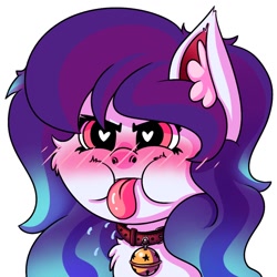 Size: 1024x1024 | Tagged: safe, artist:draconightmarenight, imported from derpibooru, oc, oc only, oc:anykoe, earth pony, pony, :p, bell, bell collar, blushing, cel shading, collar, ear fluff, earth pony oc, flushed face, heart, heart eyes, monthly reward, shading, simple background, solo, sticker, tongue out, white background, wingding eyes