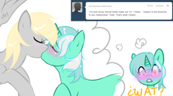 Size: 1080x600 | Tagged: safe, artist:azure-doodle, imported from derpibooru, derpy hooves, lyra heartstrings, pony, blushing, female, kissing, lesbian, lyraderp, sexually confused lyra, shipping, thought bubble