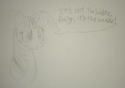 Size: 2643x1858 | Tagged: safe, artist:springlockanon, imported from twibooru, twilight sparkle, pony, unicorn, dialogue, image, joke, meme, needs more jpeg, solo, traditional art