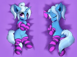 Size: 1024x768 | Tagged: source needed, safe, alternate version, artist:emilywulfstudios, imported from twibooru, trixie, pony, unicorn, alternate hairstyle, body pillow, clothes, dock, eye clipping through hair, female, frog (hoof), heart eyes, image, mare, needs more jpeg, sleeping, socks, solo, striped socks, underhoof, wingding eyes