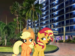 Size: 2048x1536 | Tagged: safe, artist:cloudyglow, artist:famousmari5, artist:jaredking779, imported from derpibooru, applejack, sunset shimmer, earth pony, pony, unicorn, applejack's hat, cowboy hat, duo, female, florida, freckles, hat, irl, mare, miami gardens, photo, ponies in real life, smiling, stetson, story included
