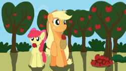 Size: 1280x720 | Tagged: safe, artist:jbond, imported from ponybooru, apple bloom, applejack, earth pony, pony, apple, apple sisters, female, filly, foal, food, mare, mouth hold, siblings, sisters
