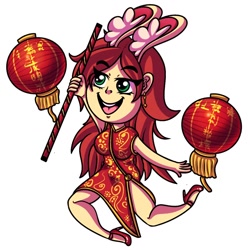 Size: 1024x1024 | Tagged: safe, artist:draconightmarenight, imported from derpibooru, oc, oc only, oc:katilie, human, equestria girls, bunny ears, cel shading, chibi, chinese dress, chinese new year, clothes, dress, ear fluff, lantern, monthly reward, paper lantern, shading, simple background, solo, sticker, white background, year of the rabbit