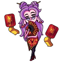 Size: 1024x1024 | Tagged: safe, artist:draconightmarenight, imported from derpibooru, oc, oc only, oc:lilliana, human, equestria girls, bunny ears, cel shading, chibi, chinese dress, chinese new year, clothes, dress, ear fluff, fan, hand fan, lantern, monthly reward, paper lantern, shading, simple background, solo, sticker, white background, year of the rabbit