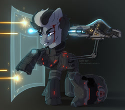 Size: 1280x1130 | Tagged: safe, artist:avroras_world, imported from derpibooru, oc, oc only, earth pony, armor, armored pony, blood, firing, force field, futuristic, gun, helmet, male, shield, solo, stallion, weapon