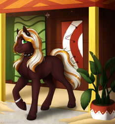 Size: 1920x2058 | Tagged: safe, artist:acry-artwork, imported from derpibooru, oc, oc only, oc:arpeggio, earth pony, pony, plant, plant pot, solo