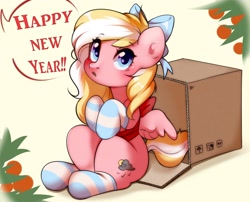 Size: 2712x2192 | Tagged: safe, artist:pledus, imported from derpibooru, oc, oc only, oc:bay breeze, pegasus, pony, bow, box, clothes, happy new year, holiday, sitting, socks, solo, striped socks