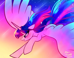 Size: 1368x1074 | Tagged: safe, artist:petaltwinkle, imported from derpibooru, twilight sparkle, alicorn, determined, flying, large wings, long mane, long tail, open mouth, solo, tail, twilight sparkle (alicorn), windswept mane, wings