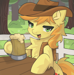 Size: 3000x3055 | Tagged: safe, artist:arasanka, imported from derpibooru, braeburn, earth pony, pony, braebetes, chest fluff, cider, cider mug, commission, cowboy hat, cute, drinking, drunk, fluffy, hat, looking at you, male, mug, outdoors, simple background, sitting, solo, stallion, two toned mane, ych result