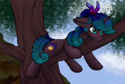 Size: 4840x3232 | Tagged: safe, alternate version, artist:aquamuro, imported from derpibooru, oc, oc only, oc:angerona, pony, unicorn, ears back, feather, feather in hair, female, in a tree, mare, oda 997, panic, signature, solo, stuck, thousand yard stare, tree, tree branch
