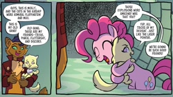 Size: 1334x750 | Tagged: safe, artist:tonyfleecs, idw, imported from derpibooru, capper dapperpaws, pinkie pie, abyssinian, anthro, cat, earth pony, pony, spoiler:comic, spoiler:comic96, chest fluff, cute, dialogue, diapinkes, duo focus, female, g4, hug, male, mare, molly, season 10, sewer, speech bubble