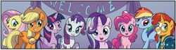 Size: 1327x382 | Tagged: safe, idw, imported from derpibooru, applejack, fluttershy, pinkie pie, rainbow dash, rarity, starlight glimmer, sunburst, twilight sparkle, alicorn, earth pony, pegasus, pony, unicorn, spoiler:comic, spoiler:comicgenerations01, banner, bronybait, cute, daaaaaaaaaaaw, female, g4, group, hnnng, looking at you, male, mane six, mare, my little pony: generations, official comic, sign, stallion, twilight sparkle (alicorn), welcome