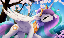 Size: 2822x1706 | Tagged: safe, artist:empress-twilight, imported from derpibooru, princess celestia, alicorn, pony, cherry blossoms, chest fluff, concave belly, crown, cute, cutelestia, ear fluff, eyes closed, feathered wings, female, floppy ears, flower, flower blossom, flower in hair, flowing mane, jewelry, mare, partially open wings, peytral, regalia, slim, smiling, sniffing, solo, thin, transparent mane, walking, wings